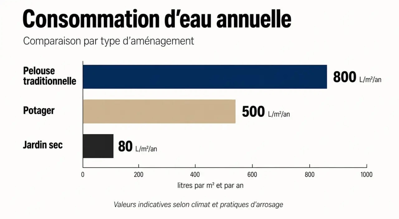 Comparaison du coût annuel de l'eau pour l'entretien d'un jardin de 1000 m2 selon le type d'aménagement