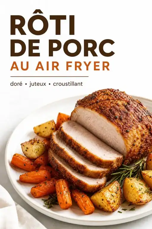 Rôti de porc au air fryer doré et juteux, servi avec pommes de terre et carottes