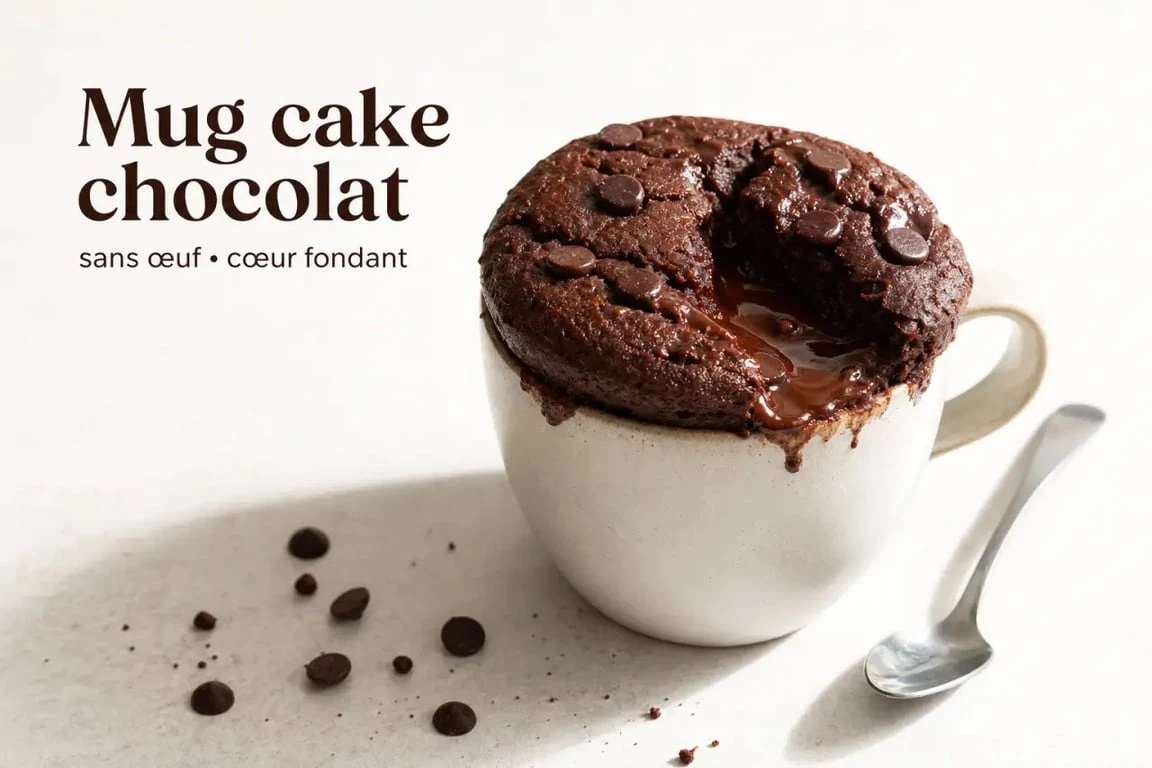 Mug cake sans oeuf au chocolat servi dans un mug, cœur fondant et pépites de chocolat