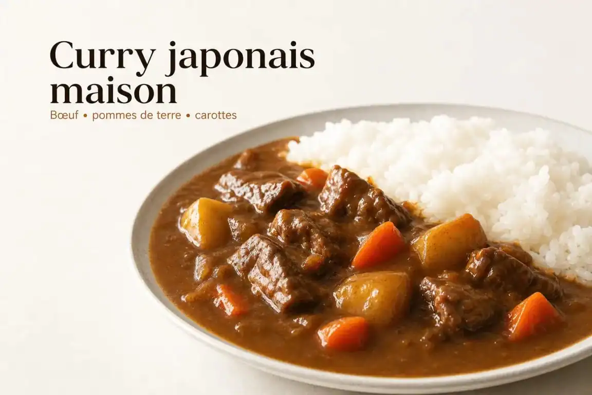 Recette curry japonais servi avec riz blanc, sauce brune épaisse et légumes fondants