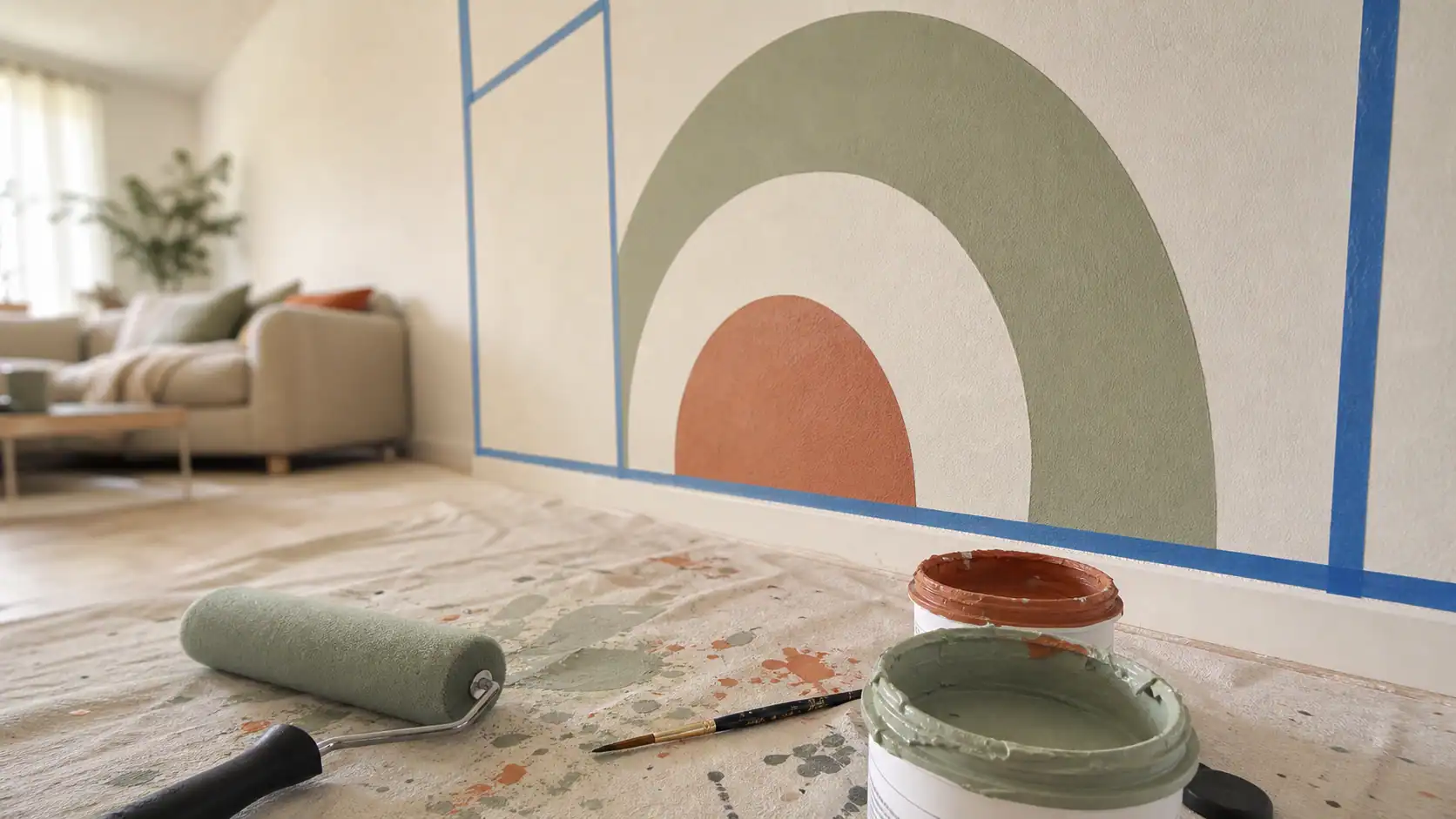 Fresque murale facile à faire avec ruban et formes organiques sur mur blanc.