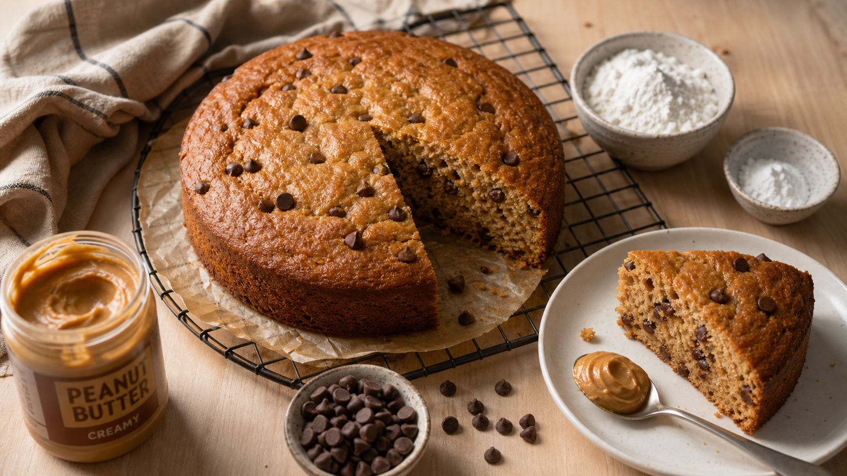 Gâteau beurre de cacahuète moelleux, tranches sur grille