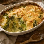 Gratin brocolie pomme de terre avec brocoli vert et croûte dorée