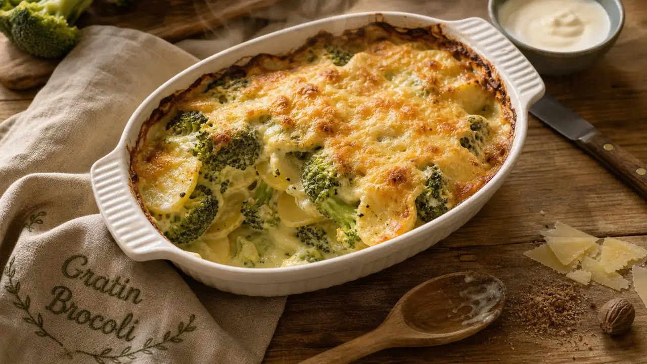 Gratin brocolie pomme de terre avec brocoli vert et croûte dorée