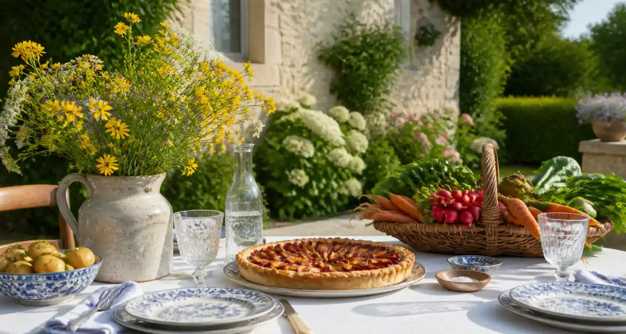 Table dressée dans un jardin de la vallée de la Loire : vaisselle bleue, tarte aux fruits, légumes du potager et fleurs jaunes