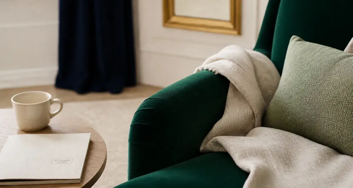 Le vert se marie avec quelle couleur : fauteuil vert émeraude, crème et doré