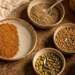 Poudre de massala et bols d’épices pour parfumer les plats