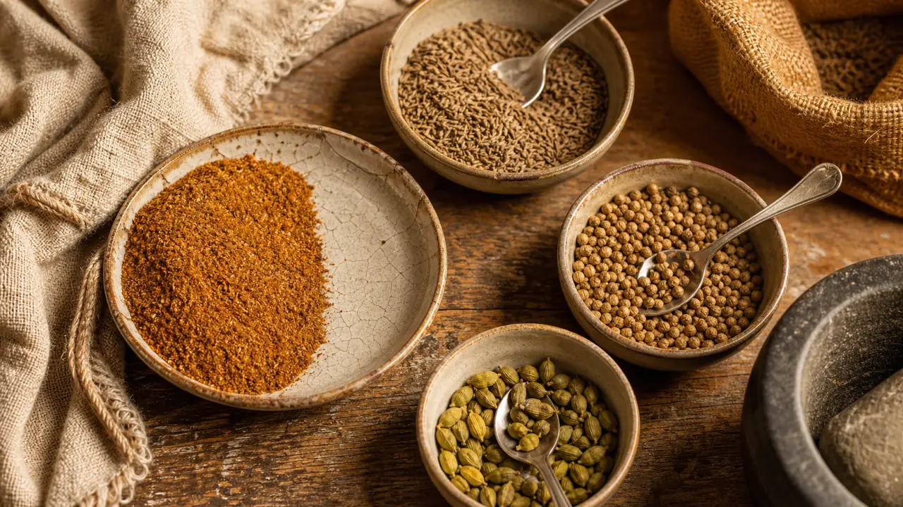 Poudre de massala et bols d’épices pour parfumer les plats