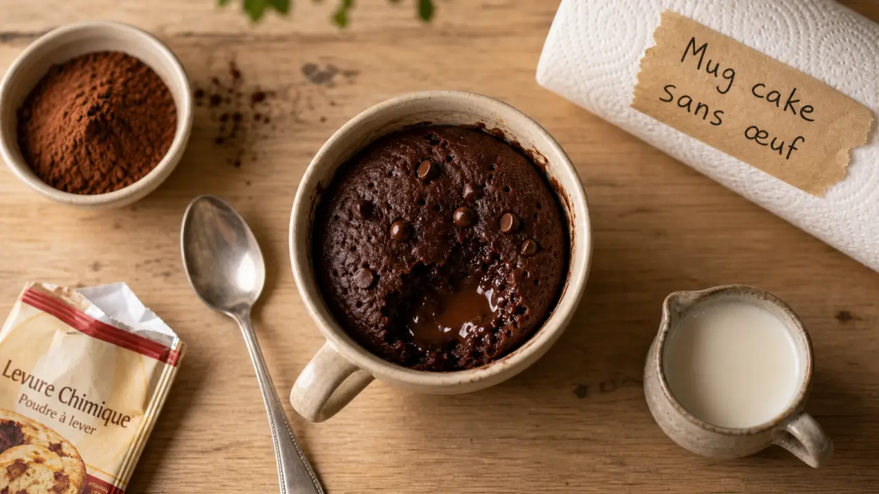 Mug cake sans oeuf au chocolat, cœur coulant au micro-ondes