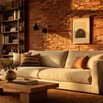 Mur en brique rouge en point focal, salon effet loft