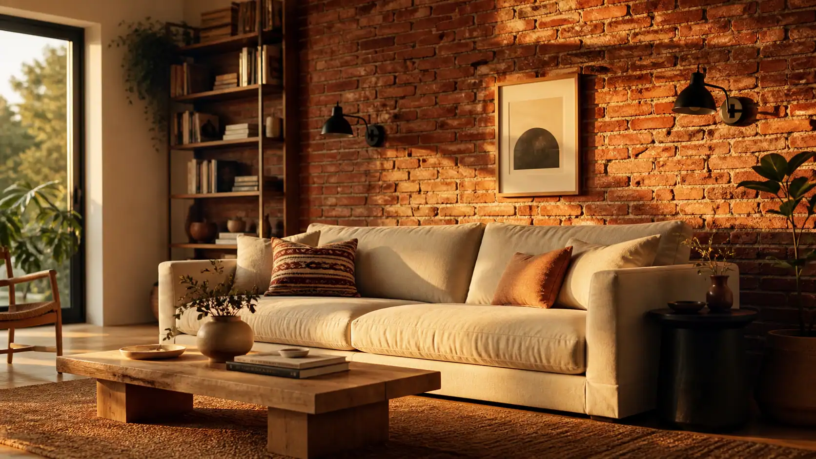 Mur en brique rouge en point focal, salon effet loft
