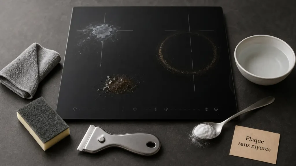 Nettoyer plaque induction sans rayer : taches de graisse et brûlures sur vitrocéramique