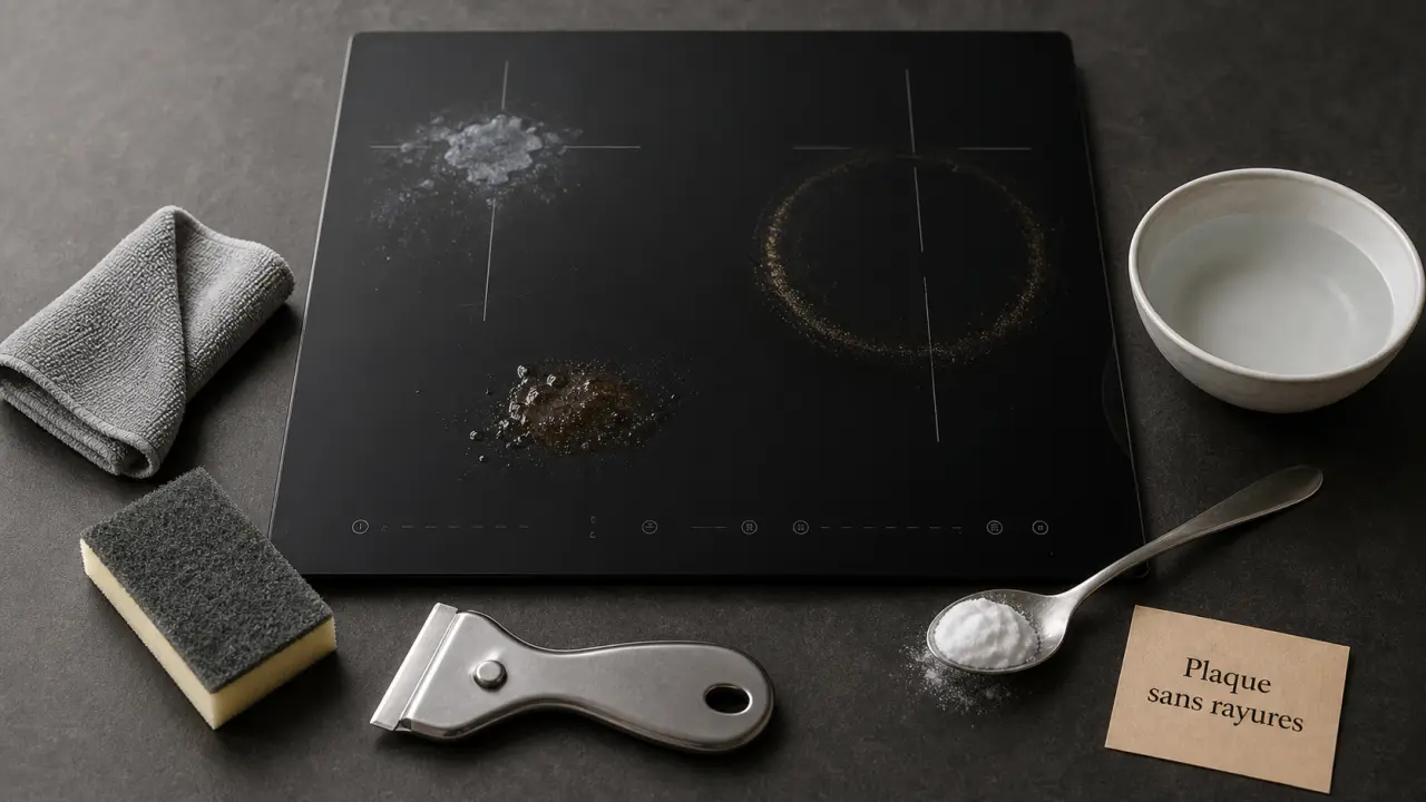 Nettoyer plaque induction sans rayer : taches de graisse et brûlures sur vitrocéramique