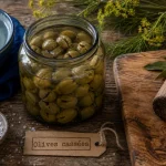 Olives cassées recette maison, bocal d’olives vertes en saumure