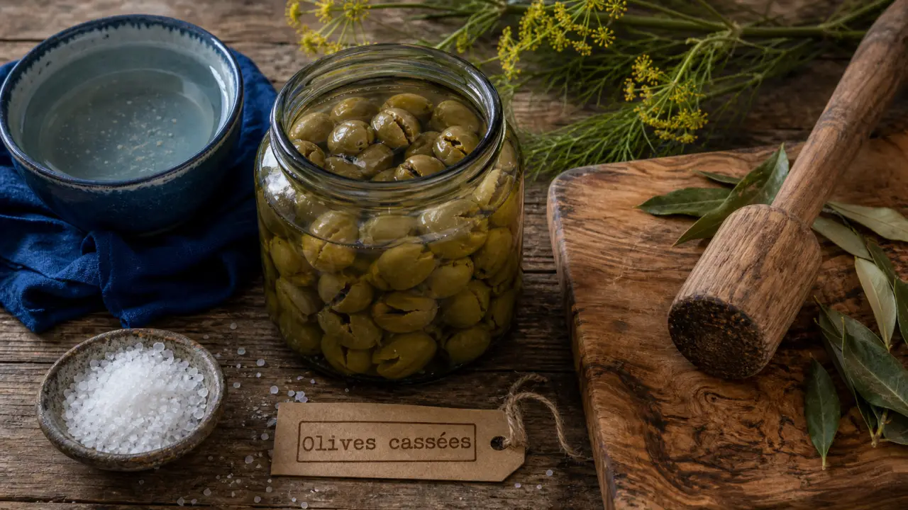 Olives cassées recette maison, bocal d’olives vertes en saumure