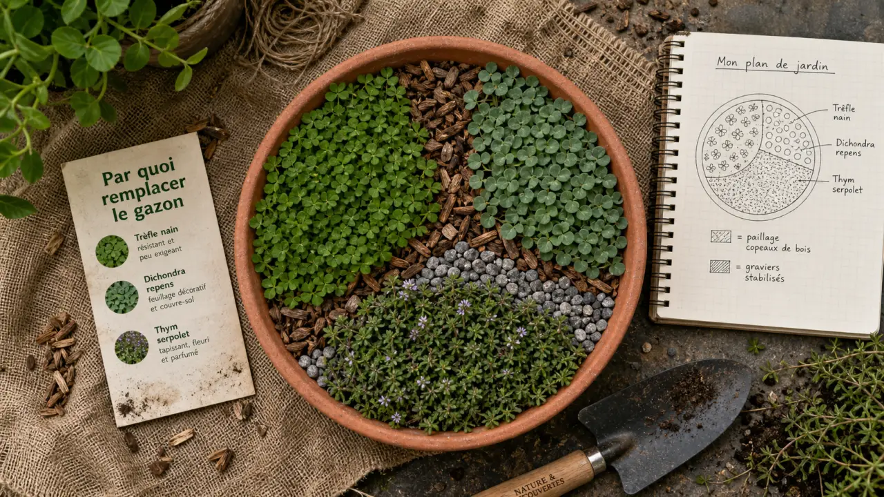 Par quoi remplacer le gazon : couvre-sols (trèfle, dichondra, thym) et gravier stabilisé