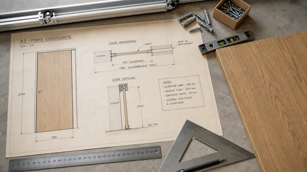 Plan porte coulissante : dimensions, rail et galandage à vérifier avant pose