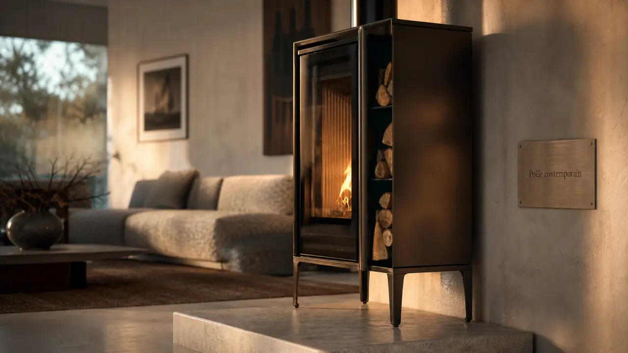 Poele contemporain : poêle moderne à bois vitré au salon