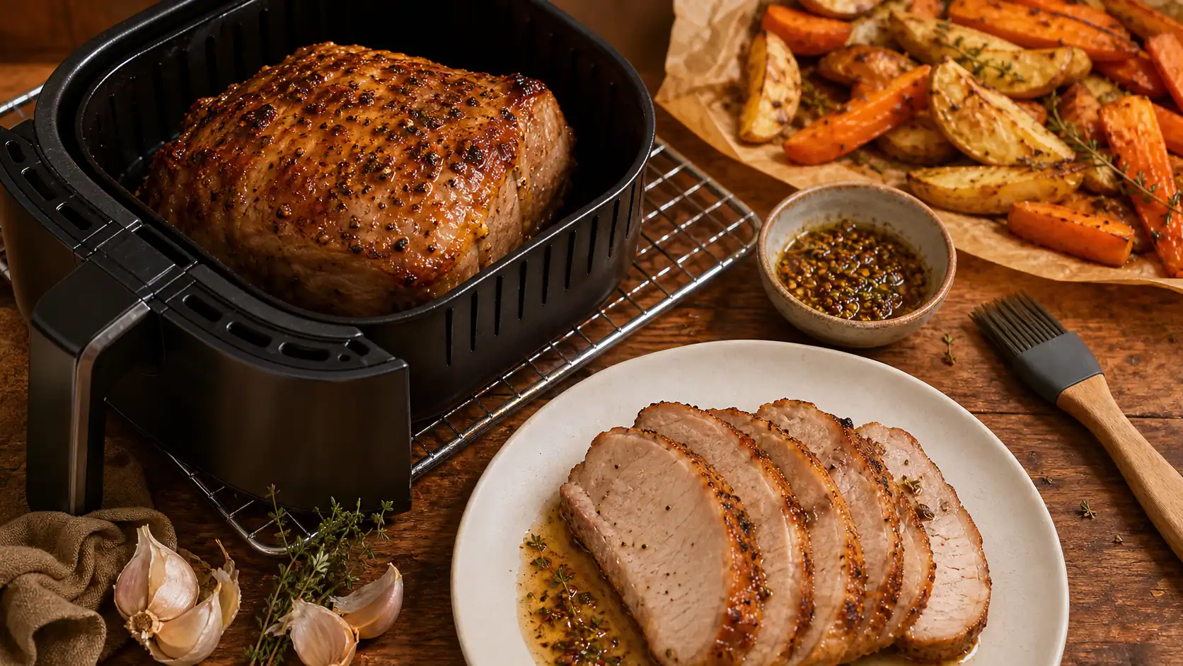 Rôti de porc au air fryer à 180°C, juteux, tranches avec bouillon