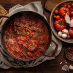 Sauce tomate maison grand-mère, cocotte fumante et tomates mûres