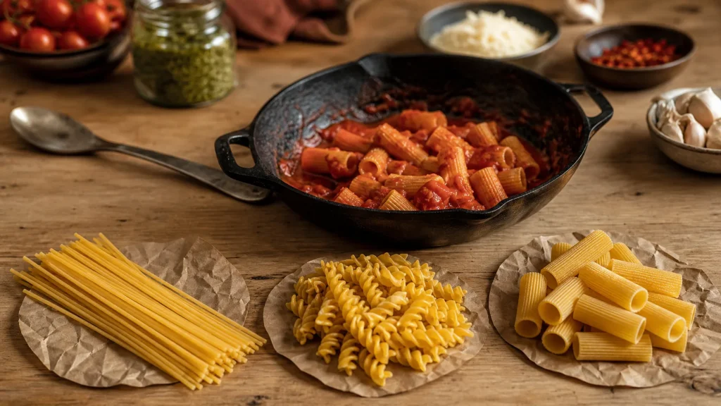 Types de pates : spaghetti fusilli rigatoni avec sauce tomate