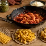 Types de pates : spaghetti fusilli rigatoni avec sauce tomate