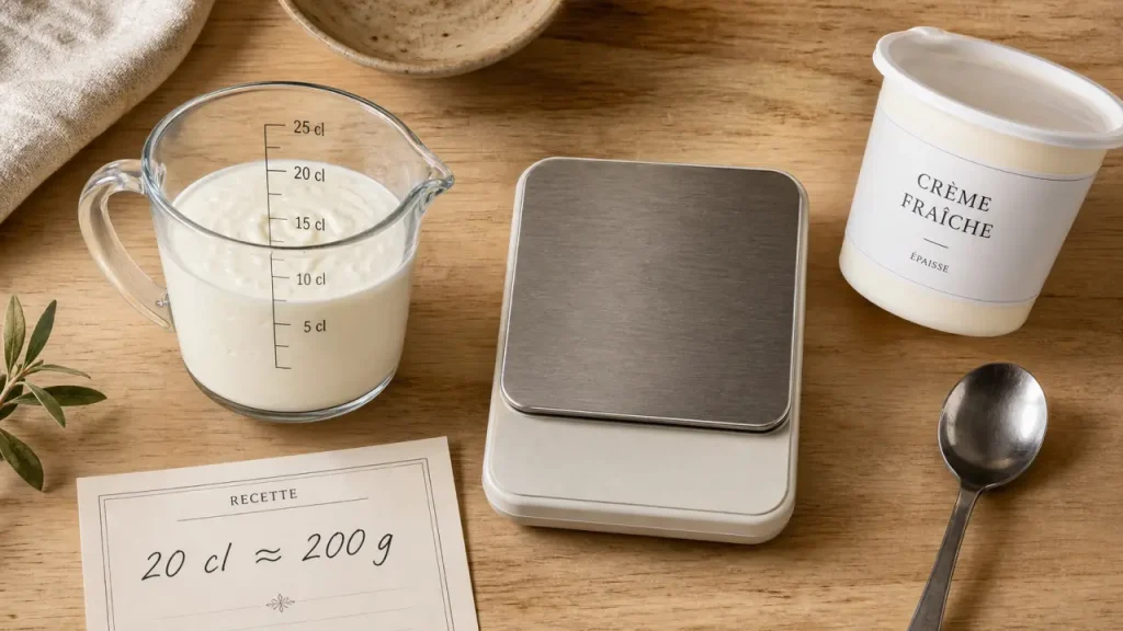 20 cl de crème fraîche, c’est 200 g dans la plupart des recettes