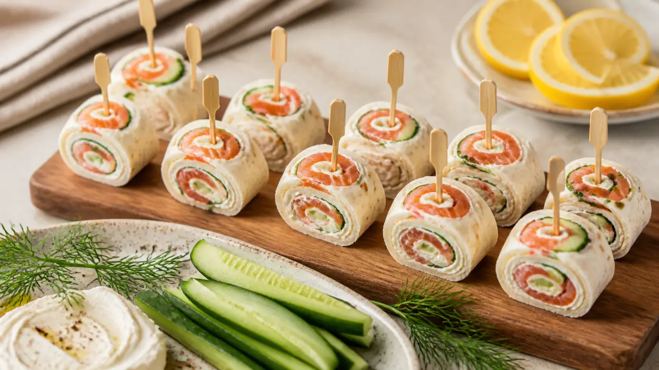 Apéro wrap : mini-wraps saumon et concombre avec fromage frais