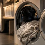 Comment fonctionne un seche linge : tambour ouvert, linge humide et condensation dans une buanderie moderne