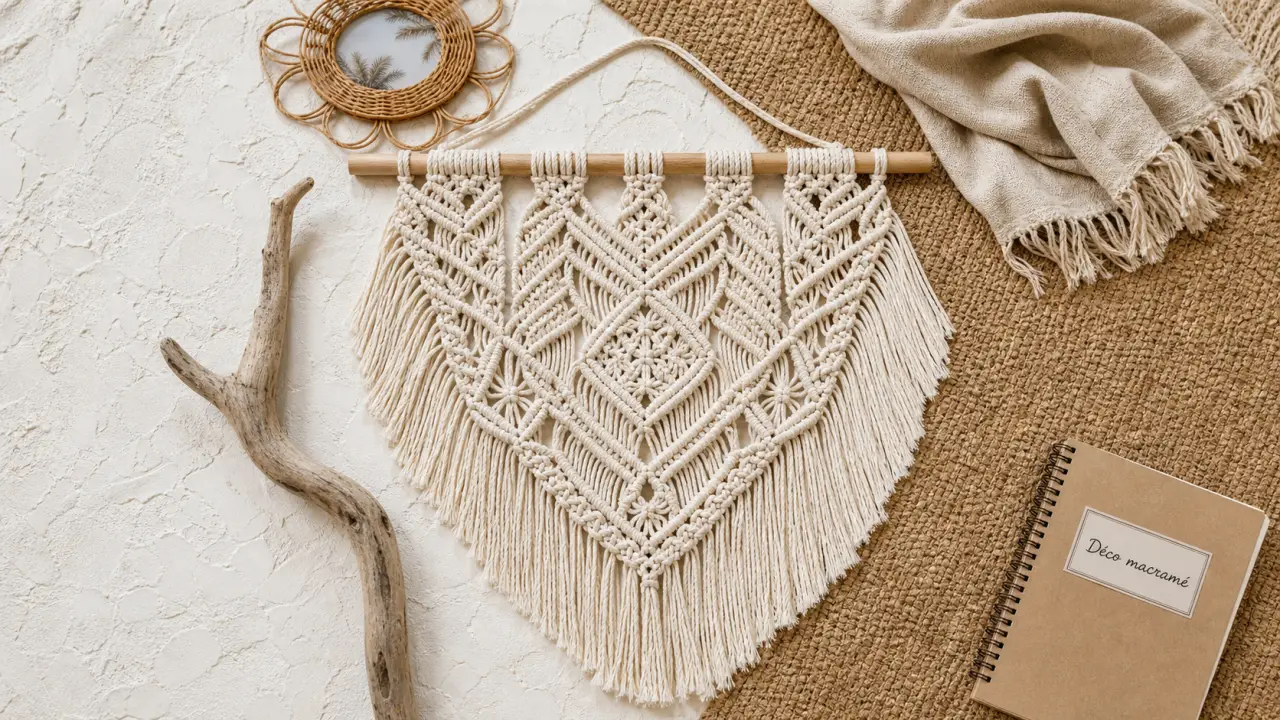 deco macrame : tenture en coton écru avec franges et nœuds