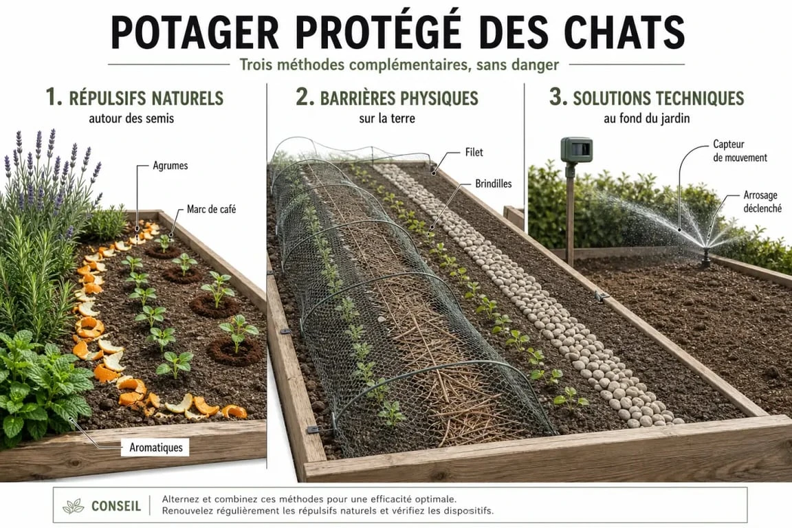 Répulsif chat jardin : visuel comparatif des solutions naturelles, physiques et techniques