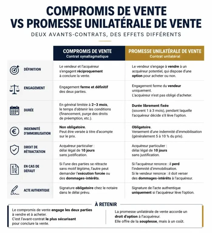 Tableau comparatif entre compromis de vente et promesse de vente pour particuliers