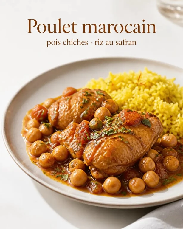 Recette au poulet marocain servie avec riz au safran et pois chiches