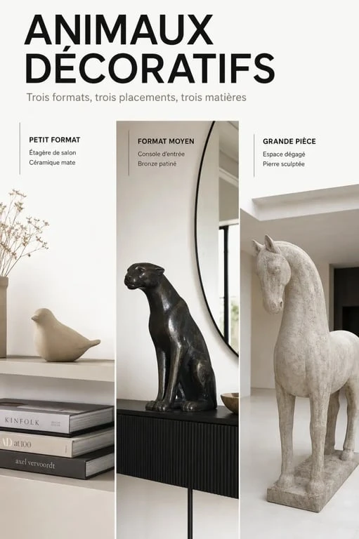 Animaux décoration intérieure dans un salon, une entrée et une chambre, avec figurines et statues décoratives de différentes tailles