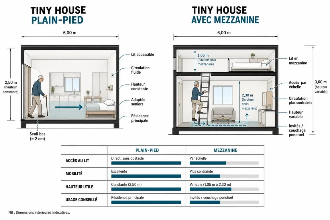 Comparatif tiny house plain pied et modèle avec mezzanine, avec focus sur l’accessibilité et le confort
