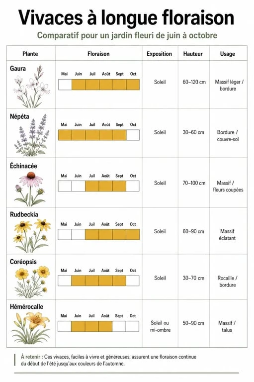 Comparatif fleur vivace longue floraison avec période de floraison, exposition et usage au jardin