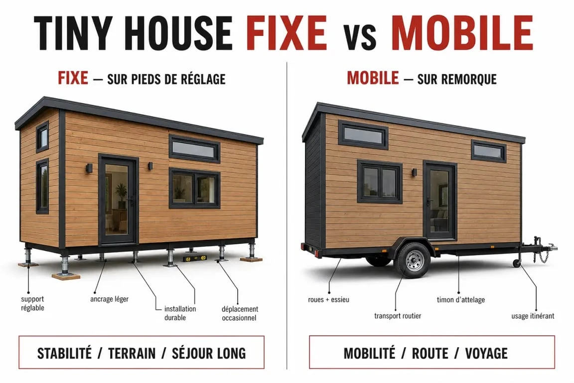 Tiny house fixe comparée à une tiny house mobile dans une illustration éditoriale sobre