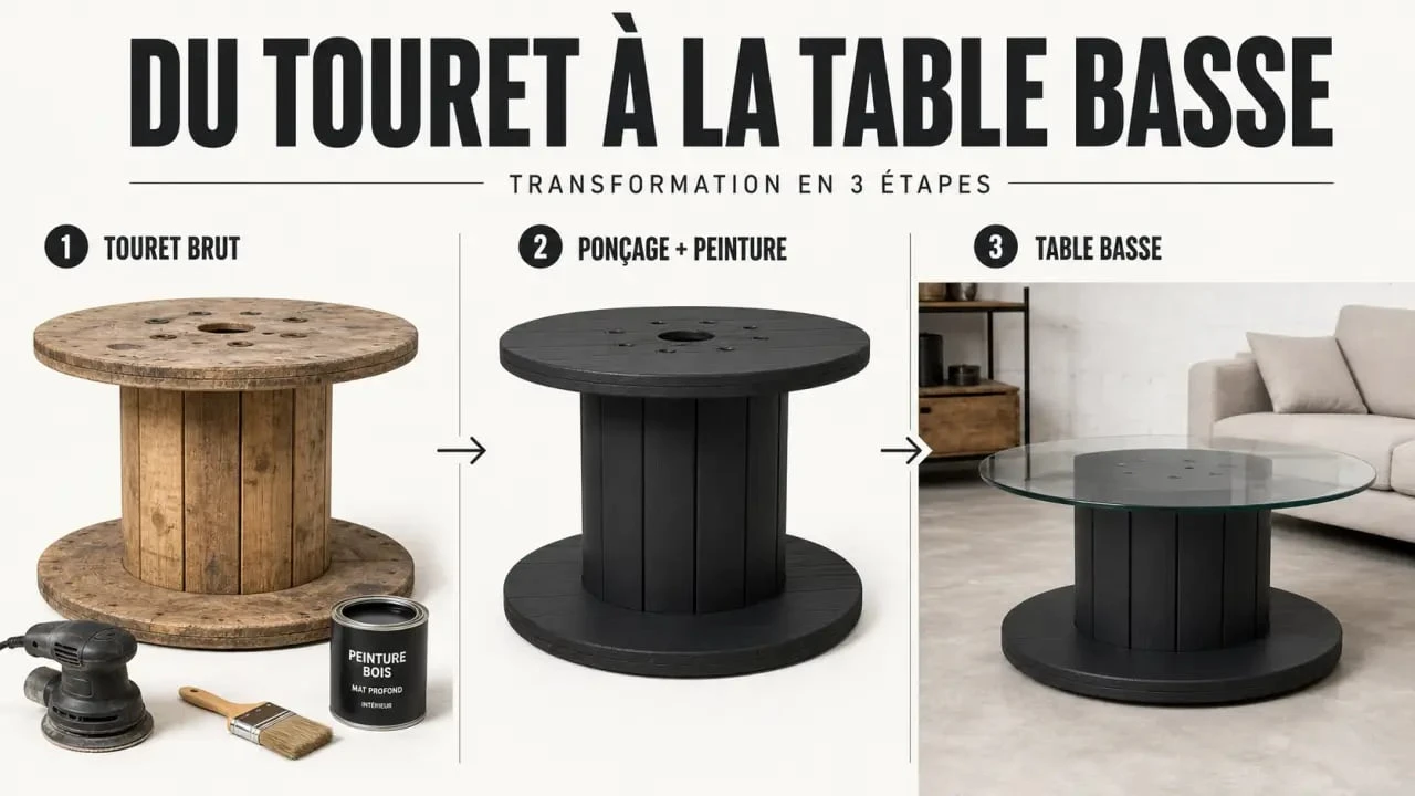 Touret en table basse : transformation DIY avant/après d’un touret brut en table basse design