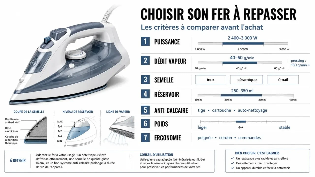 Comment choisir un fer à repasser : comparaison visuelle des critères essentiels