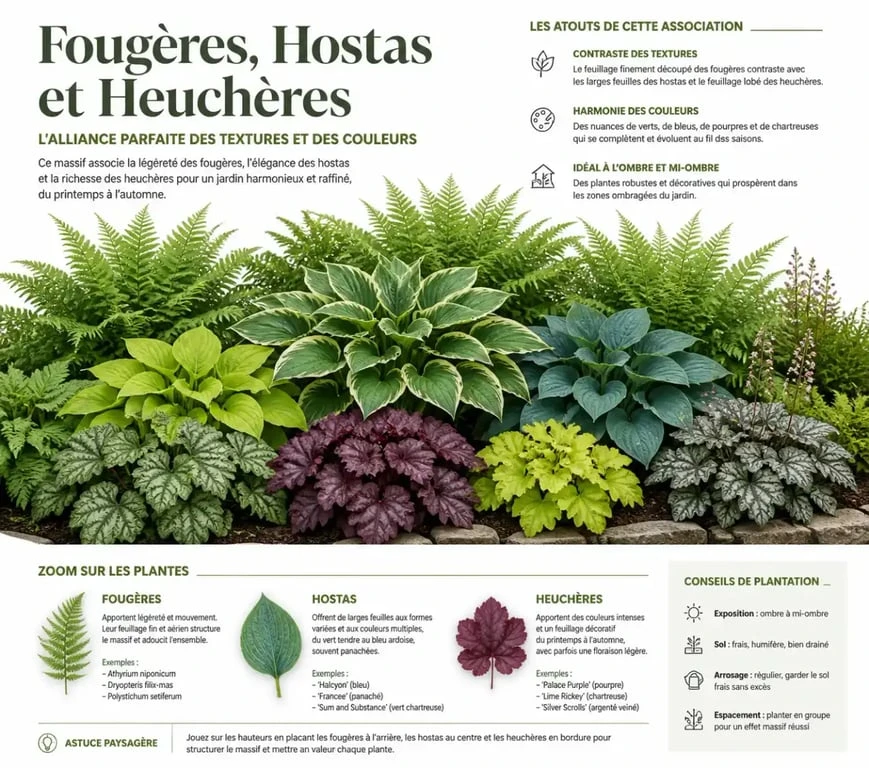 Association réussie de fougères plantes extérieur avec des hostas et heuchères