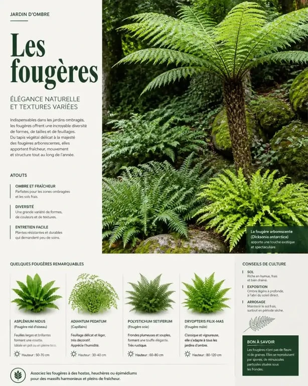 Différentes variétés de fougères plantes extérieur dans un jardin ombragé