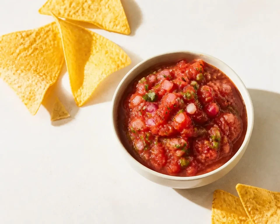 Recette sauce salsa maison servie en bol avec chips de maïs