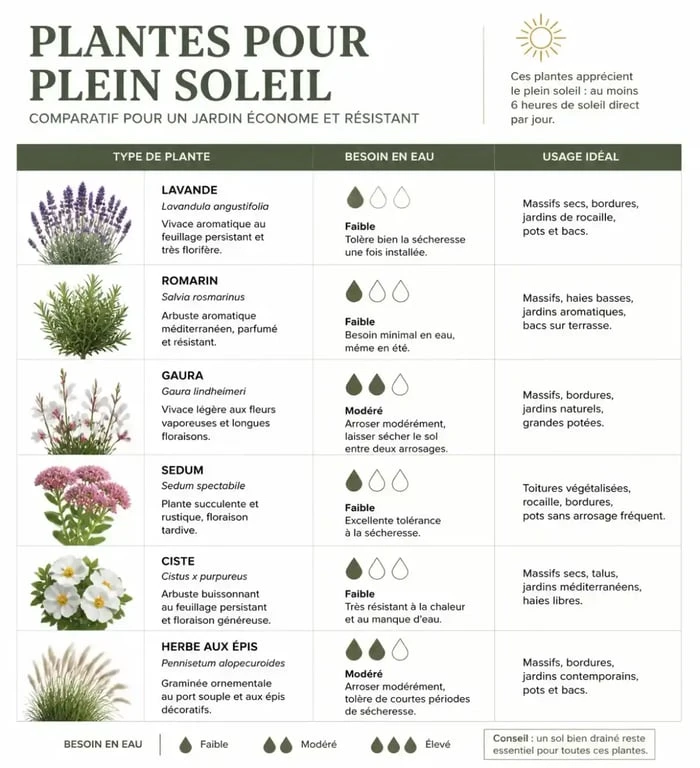 Tableau comparatif des meilleures plantes pour plein soleil et jardin exposé