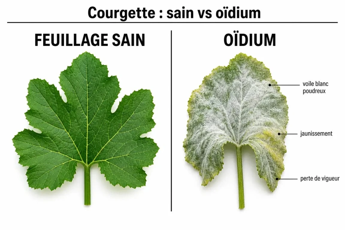Traitement oidium courgette : comparaison entre feuille saine et feuille atteinte par l’oïdium