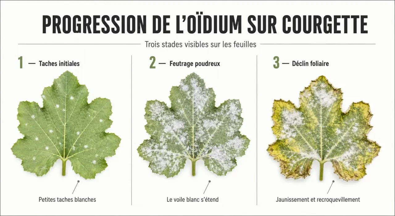 Traitement oidium courgette : progression des symptômes blancs sur les feuilles, jaunissement et recroquevillement