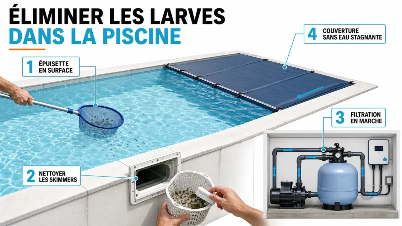 Entretien d'une larve de moustique piscine avec épuisette, skimmers et filtration