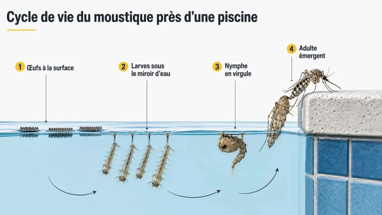 Schéma du cycle de vie d'une larve de moustique piscine dans l'eau du bassin