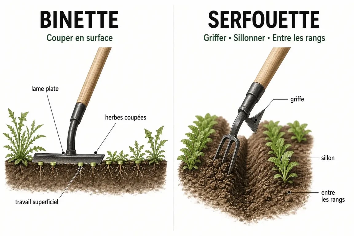 Serfouette ou binette : comparaison visuelle des usages au jardin