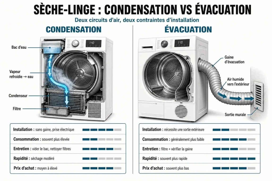 Sèche linge condensation ou évacuation différence : comparaison visuelle entre les deux systèmes, installation, consommation, entretien et prix