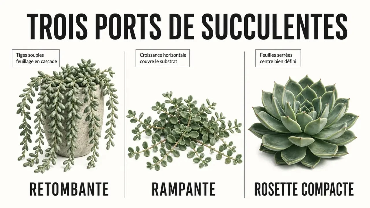 Plantes grasse retombantes : comparaison visuelle entre port retombant, rampante et rosette